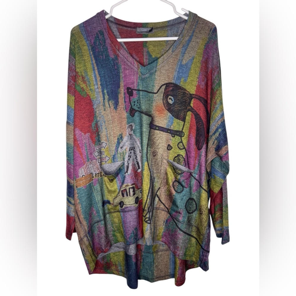 Inoah Blouse 1-Size Green Artsy Abstract FUNKY Dog Tunic Two Pockets Taxi L/XL